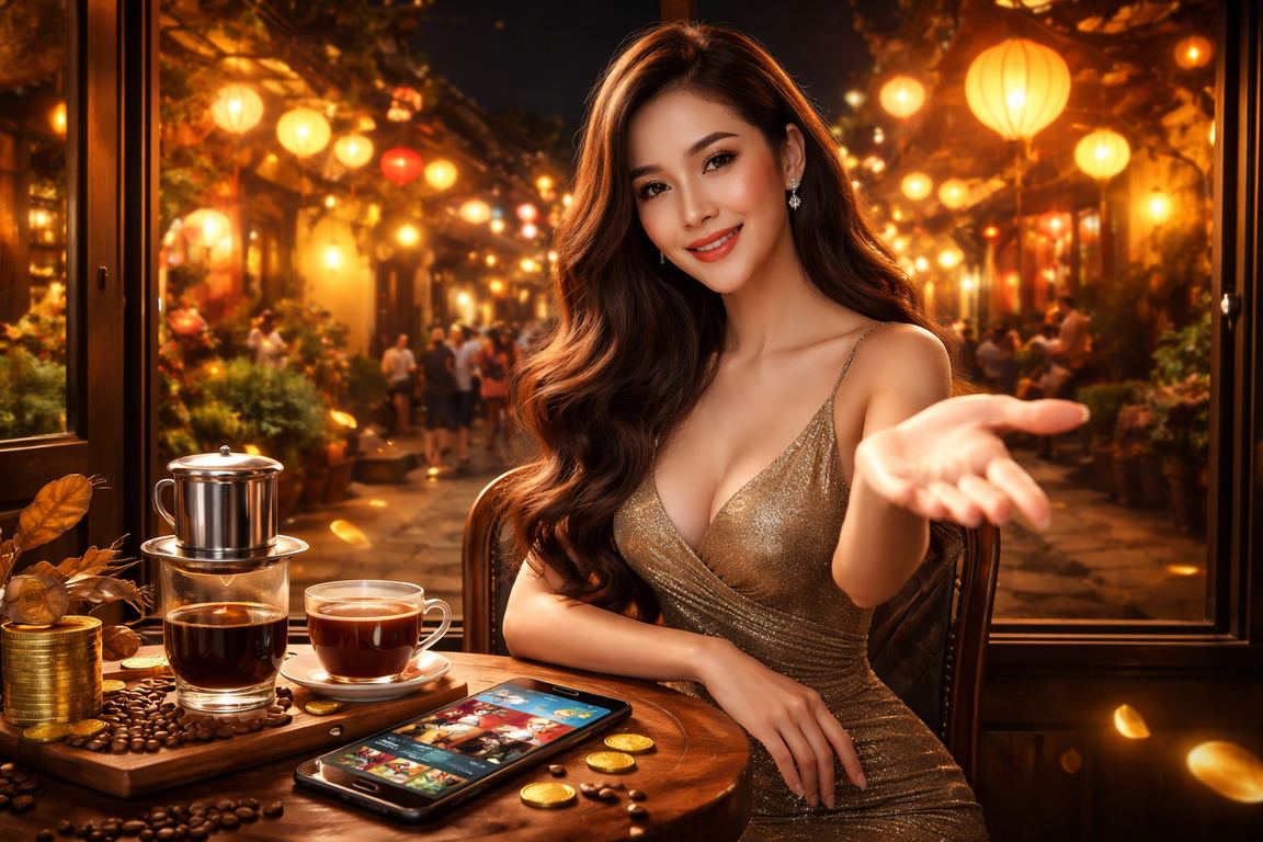 Người dùng Hội An xem bóng đá và theo dõi kèo thể thao qua điện thoại bên ly cà phê